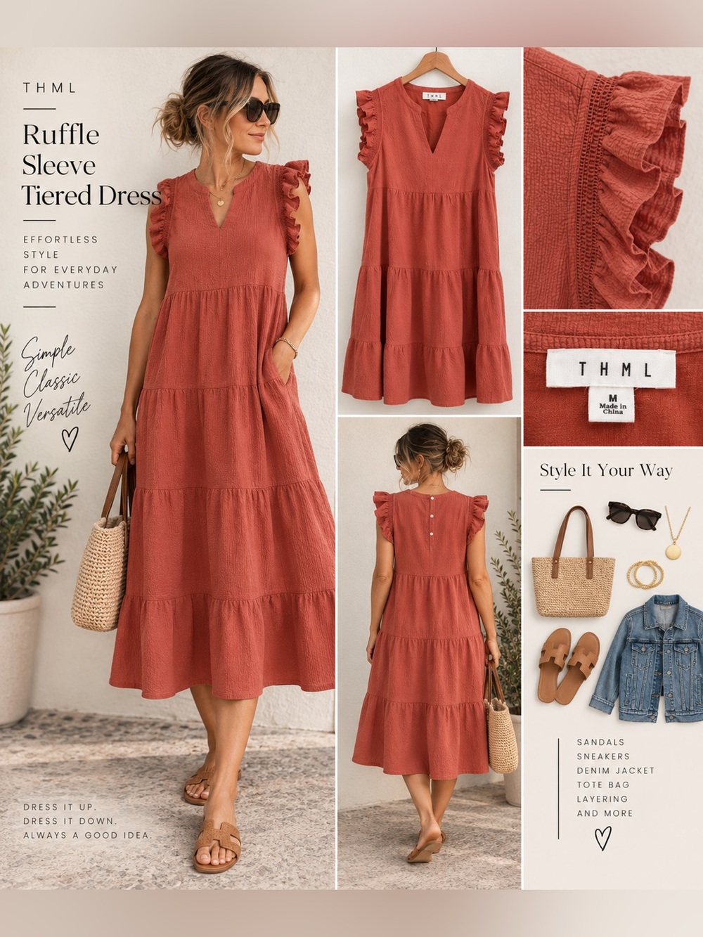 THML Rust Ruffle Sleeve Tiered Midi Dress